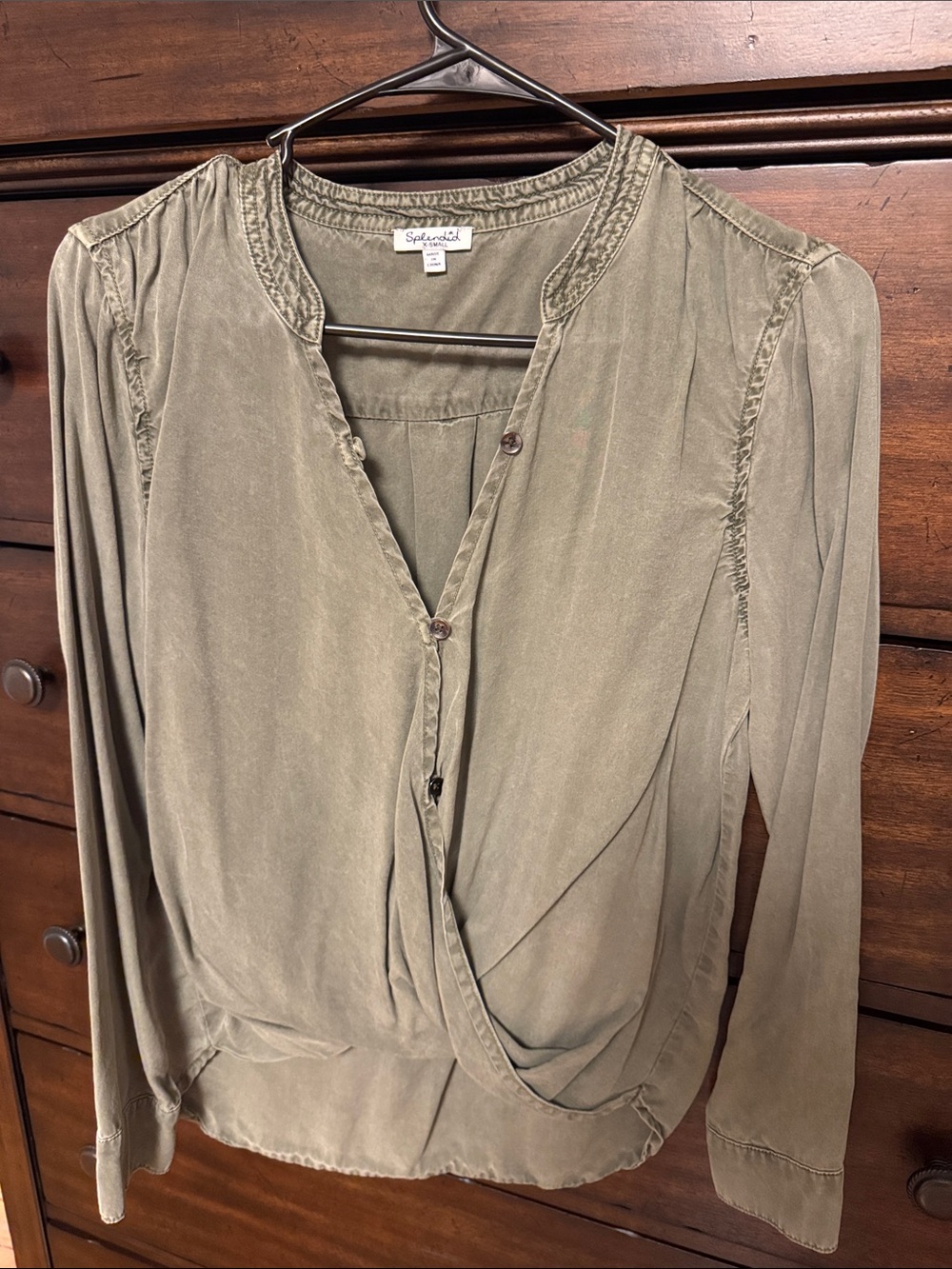 Splendid Olive Green Draped Wrap-Front Blouse